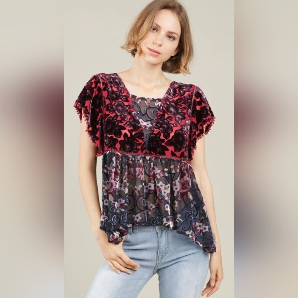 POL Red & Blue Floral Sheer & Velvet Blouse (S)